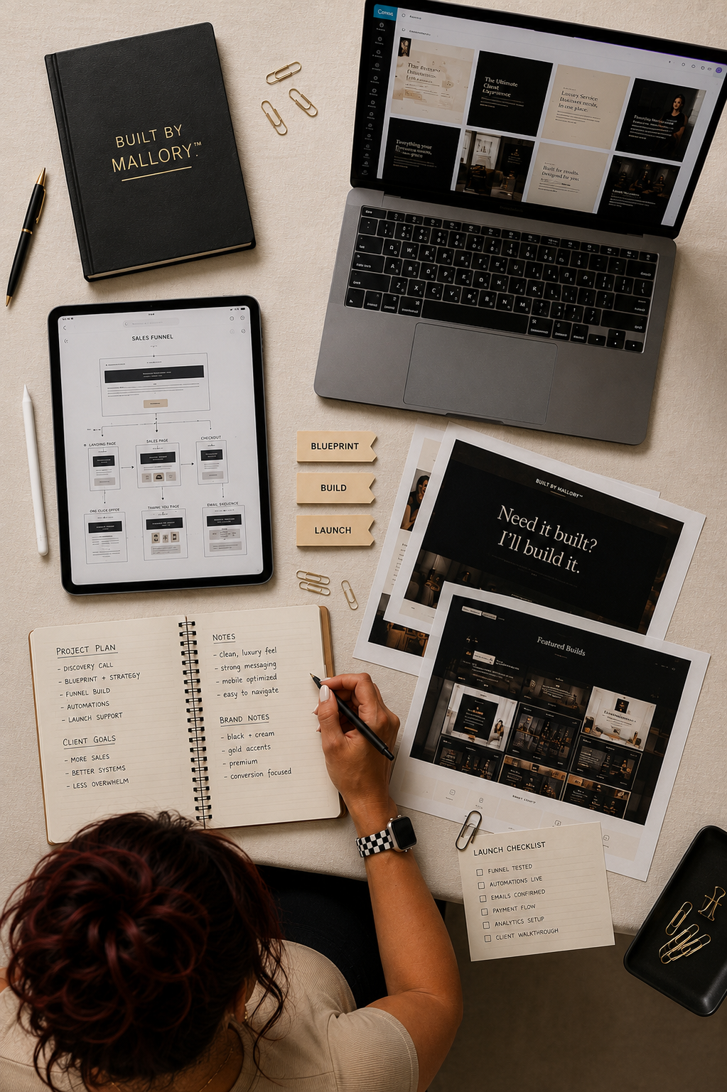 Built by Mallory project blueprint flat lay