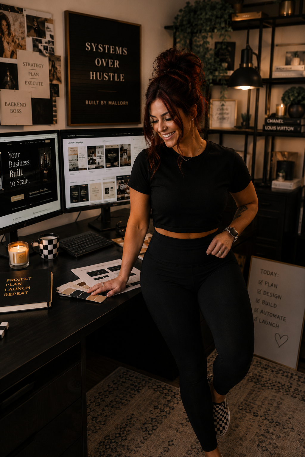 Mallory at her desk with monitors showing Built by Mallory project work
